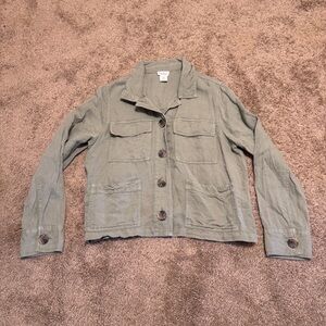 Nicole Miller Women Shirt Medium Green Linen Long Sleeve Button Collared Pockets